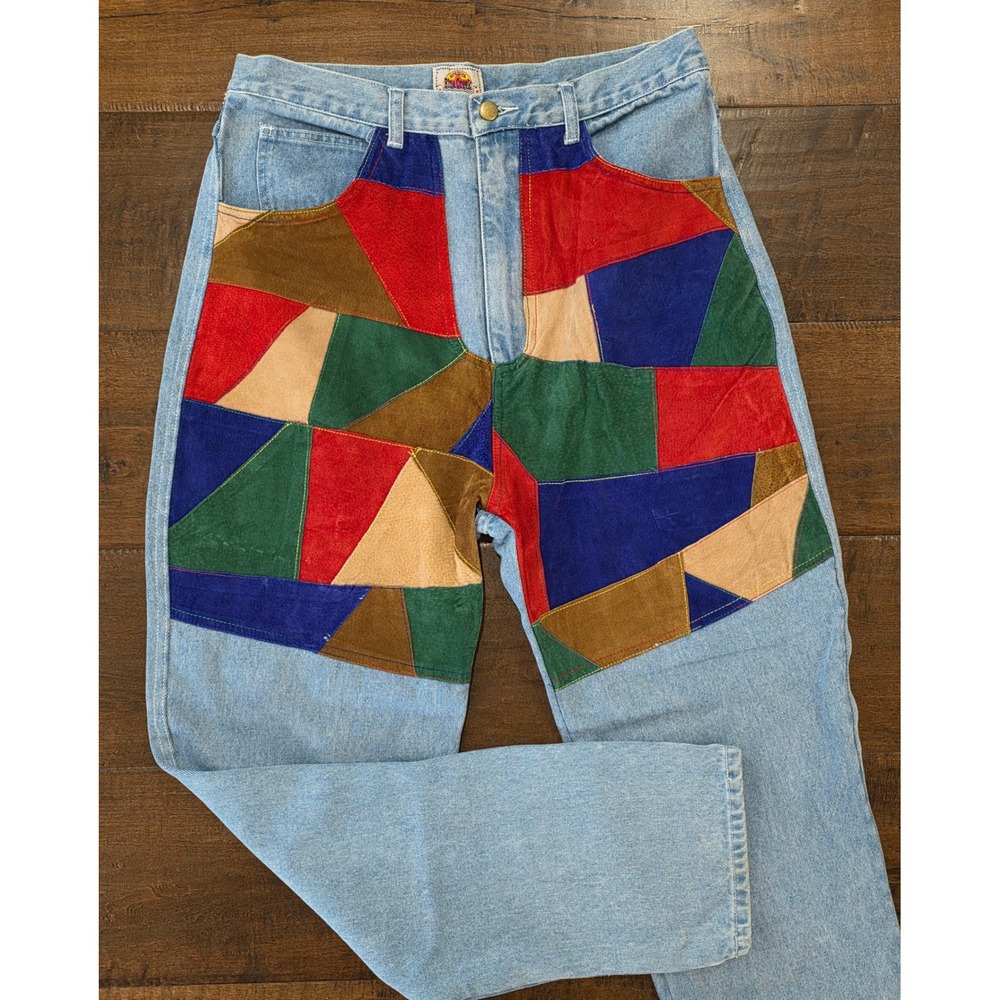 VTG WESTERN Boho Patchwork Suede Denim High Waist Geometric Funk colorblock 18